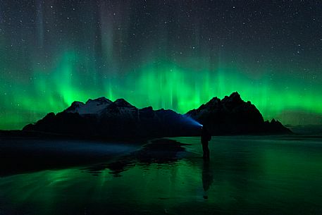 Aurora borealis, view towards Vestrahorn Mountain near Hfn, Cape Stokksnes, Stokksnes, Iceland, Europe